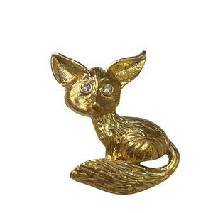 Vintage Gold Tone Fox Brooch Pin Clear Rhinestone Eyes 1.75"
